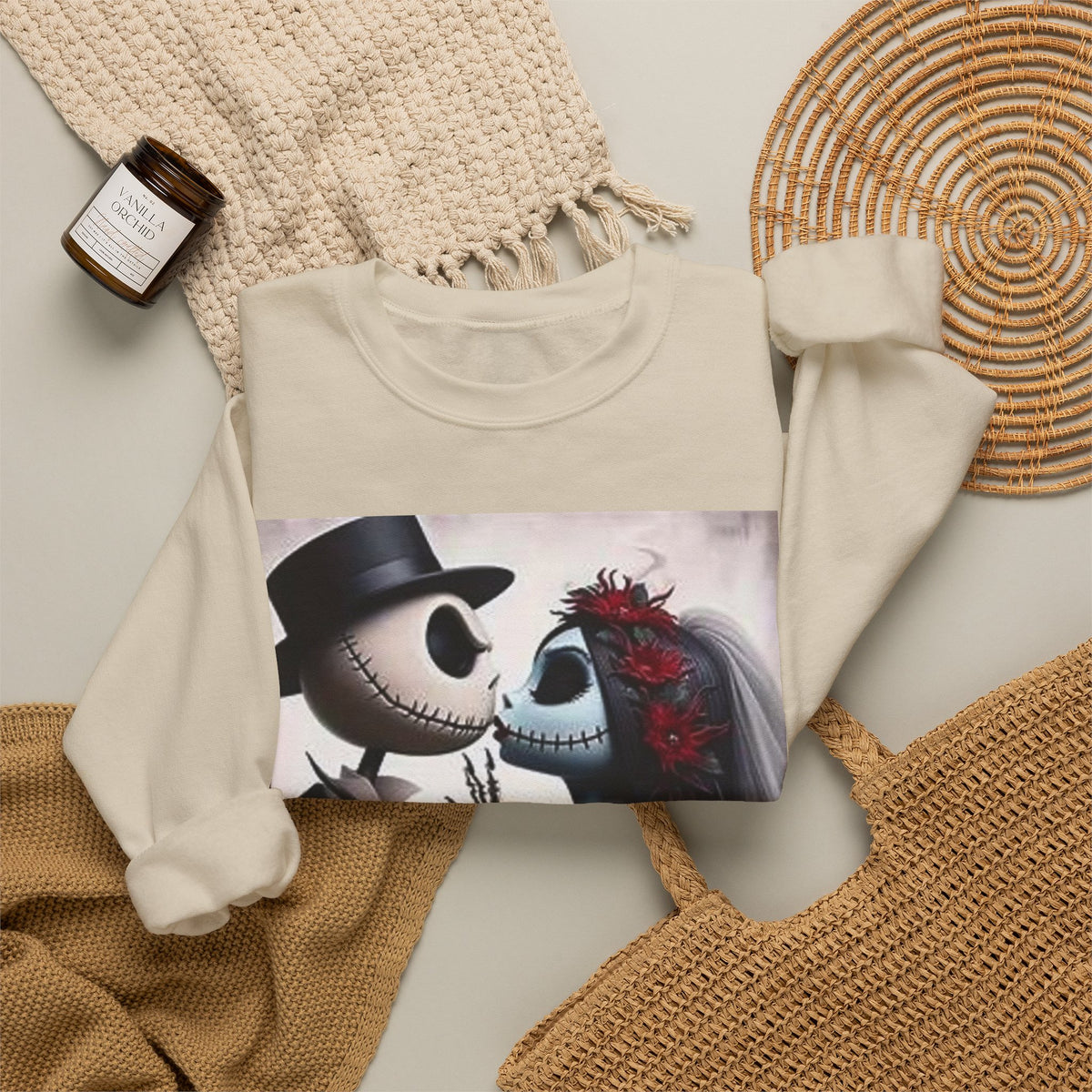 Gothic Romance Crewneck Sweatshirt — Gothic Bride & Groom Skull Design
