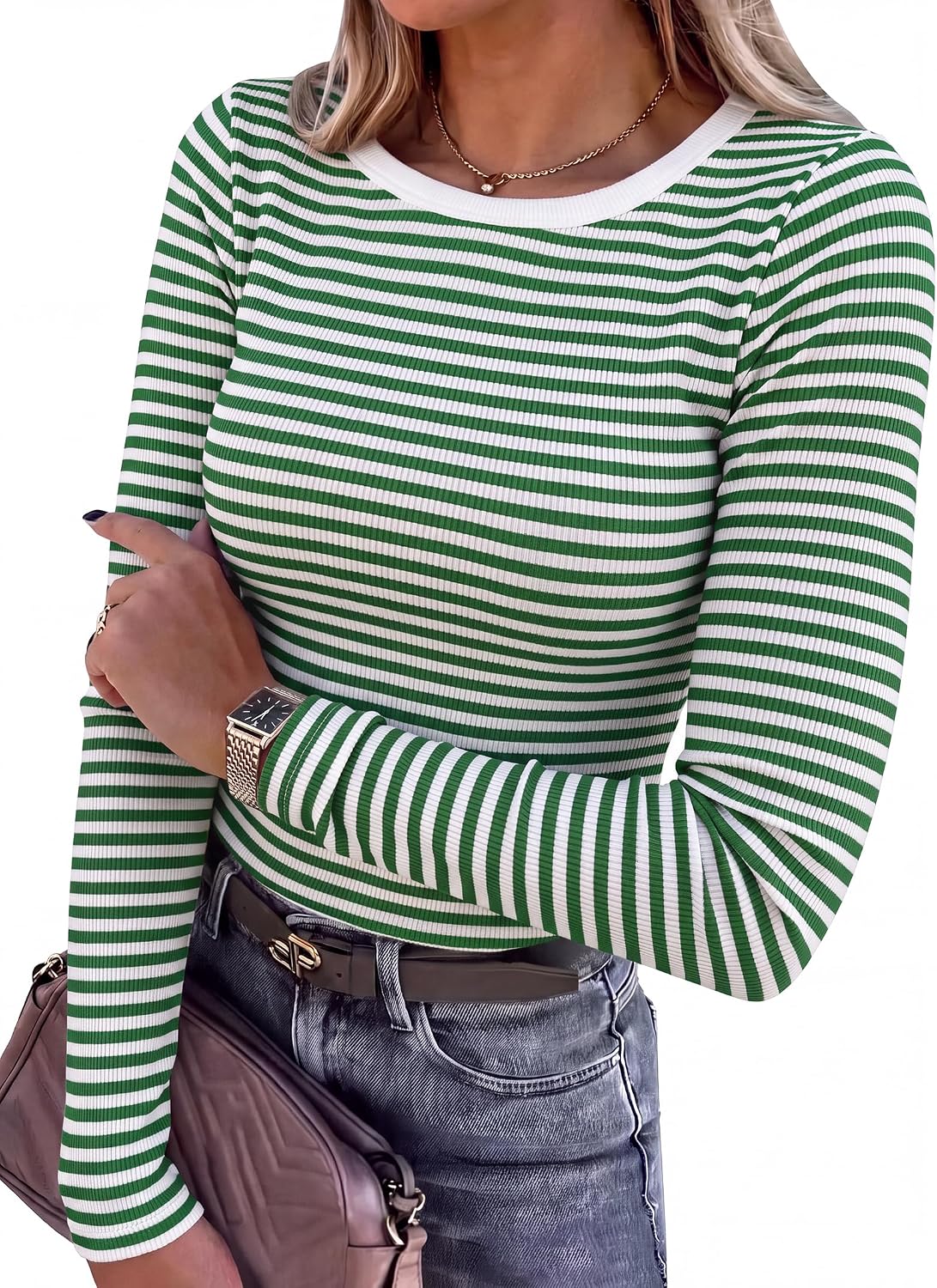ANRABESS Women Long Sleeve Shirts Ribbed Fitted Tops